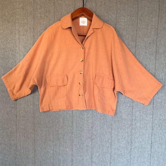 The Lullaby Club Bat Wing Dolman Sleeve Button Up Oversized Top in Clay Size XS - Picture 8 of 10